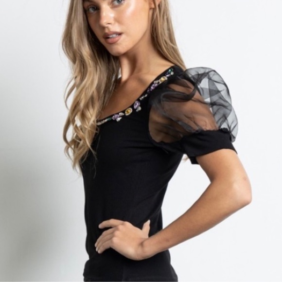 New Sheer Puff Sleeve Embellished Black Cropped Top - Picture 2 of 6